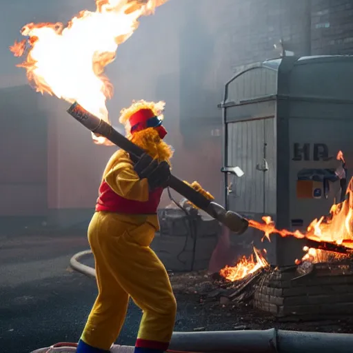 Image similar to photo of a clown using a flamethrower. In the background there is a dumpster fire. award-winning, highly-detailed, 8K