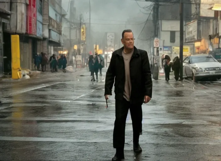 Prompt: film still of Tom Hanks roaming the dirty streets in the new Deathwish, 4k
