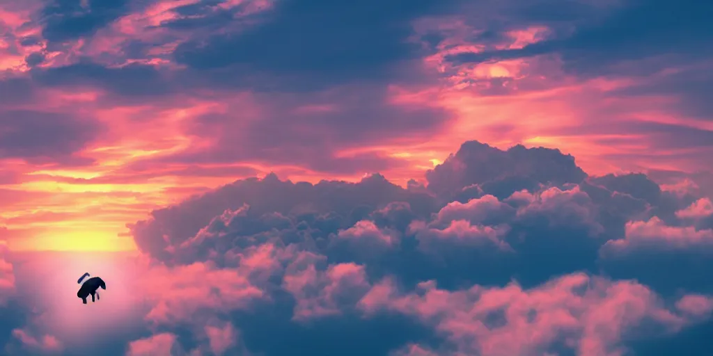 Image similar to an elephant flying over the clouds, sunset, moody, anime, cyberpunk