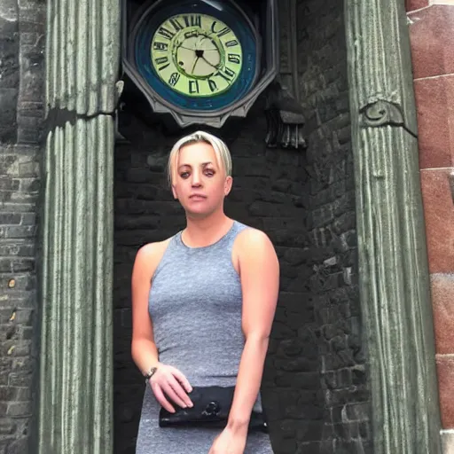 Image similar to A detailed photo of Kaley Cuoco under the Eastgate clock in Chester. Behind her we see a black panther