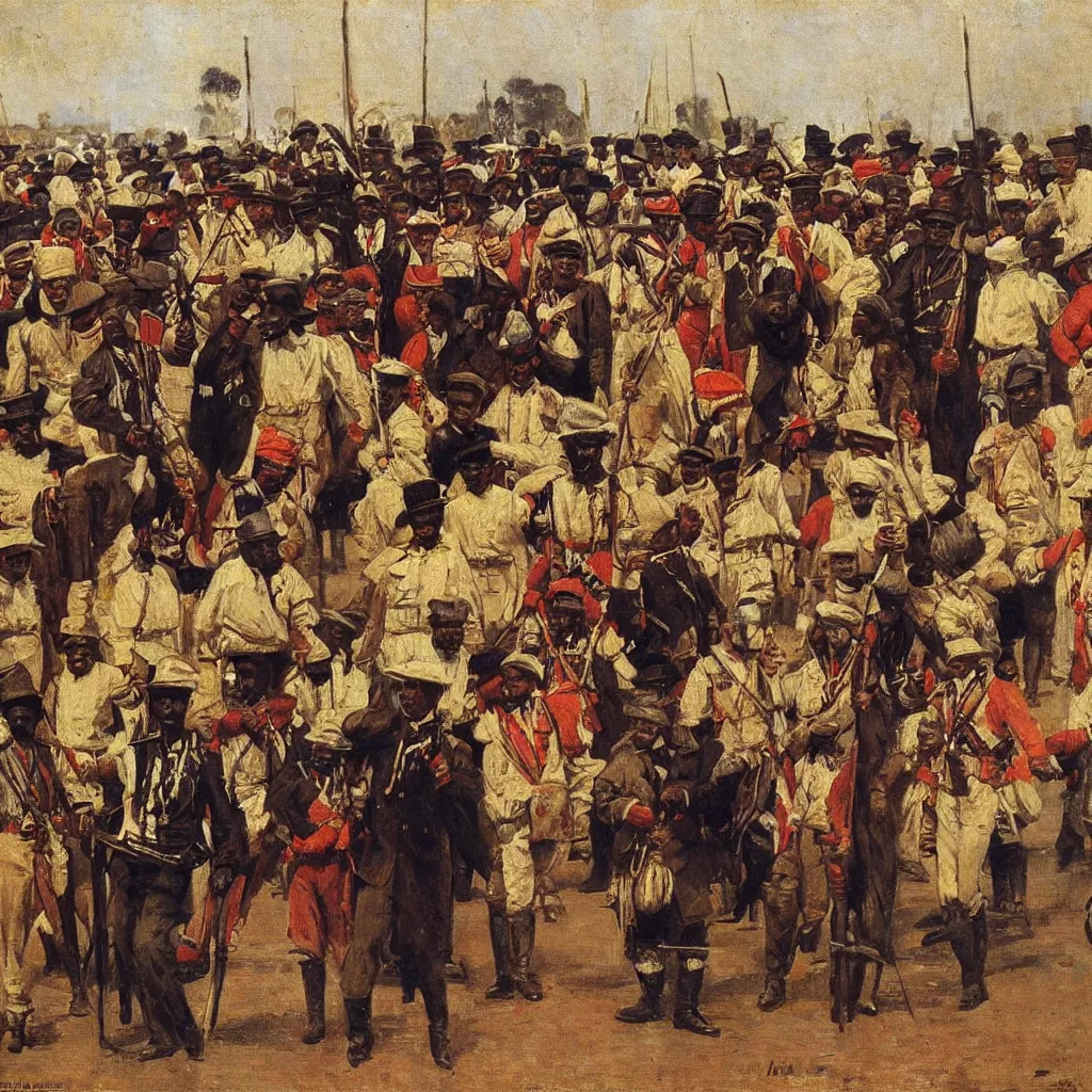 Prompt: british colonial officers in Lagos, 1905, bright colours, oil on canvas, by Ilya Repin