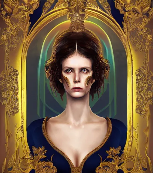 Image similar to beautiful female character inspired by venice carnival and russian icons ellen ripley | | digital artwork made by greg rutswork, anna dittmann and lois van barlee, symmetrical, anatomically correct