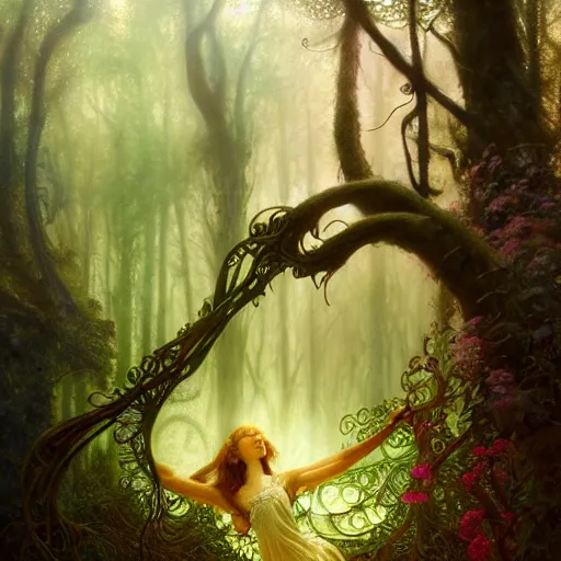 Image similar to dreamy enchanted forest, surreal, fantasy, intricate, elegant, dramatic lighting, emotionally evoking symbolic metaphor, highly detailed, lifelike, photorealistic, digital painting, artstation, concept art, smooth, sharp focus, illustration, art by John Collier and Krenz Cushart and Artem Demura and Alphonse Mucha and Albert Aublet