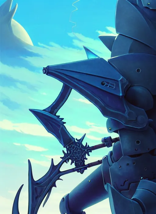 Image similar to close up of a mech armor witch holding a trident, extremely beautiful and aesthetic and detailed cute face and body, back shark fin, big wave horizon, specular reflection, occlusion shadow, dynamic pose, slightly smiling, blue sky, big blade whale and black giants minotaurus, fantasy illustrations, by makoto shinkai and peter mohrbacher and ferdinand knab