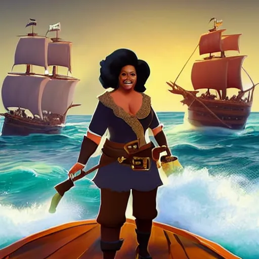 Prompt: Oprah as a pirate in the game Sea of thieves, digital art, trending on artstation