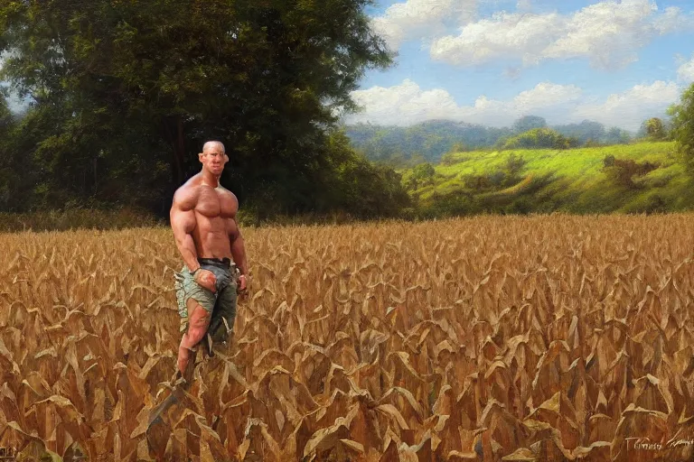 Prompt: john cena in a corn field, an oil painting by ross tran and thomas kincade