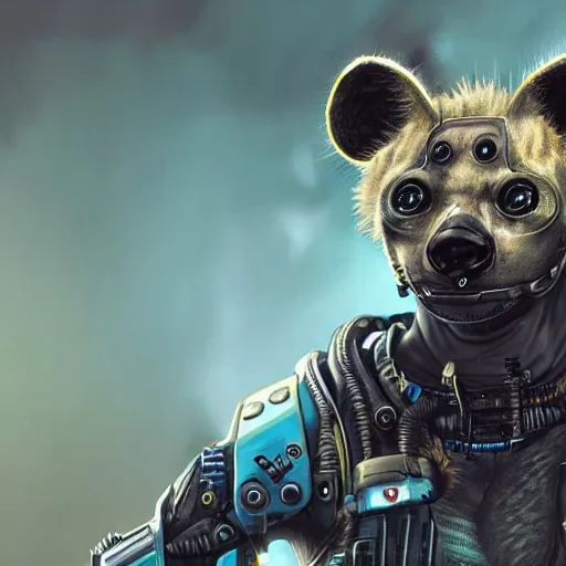 Image similar to cute baby hyena cyborg, cyberpunk 2 0 7 7 art, realistic, highly detailed
