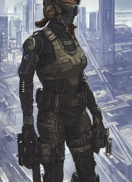 Prompt: Sonya. USN special forces operator looking at city skyline. Agent wearing Futuristic stealth suit. rb6s, MGS, and splinter cell Concept art by James Gurney, Alphonso Mucha.