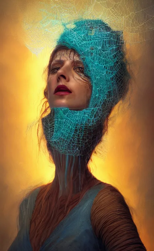 Image similar to a oil painting hyperrealism of a beautiful woman, cobwebs, spider makeup, cobwev headdress, 8 k resolution, octane render, trending on artstation, by gediminas pranckevicius, volumetric light 2 blue fractal thunder glow by dan mumford, anaglyph effect, laurie lipton