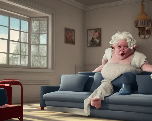 Image similar to of a very beautiful scene. ambient occlusion render. a sweet fat old woman is flying above the sofa. hyper realistic. 4 k. wide angle. wild. symmetrical face, red mouth, blue eyes. deep focus, lovely scene. ambient occlusion render. concept art. unreal engine.