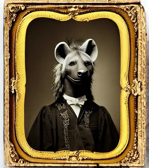 Prompt: professional studio photo portrait of anthro anthropomorphic spotted hyena head animal person fursona smug smiling wearing crown elaborate pompous royal king robes clothes degraded medium by Louis Daguerre daguerreotype tintype