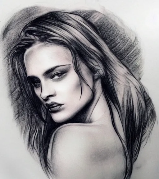 Prompt: tattoo design sketch of an extremely beautiful woman face with a faded background of beautiful mountains on her side, hyper - realistic, double exposure effect, in the style of matteo pasqualin, amazing detail, black and white, faded