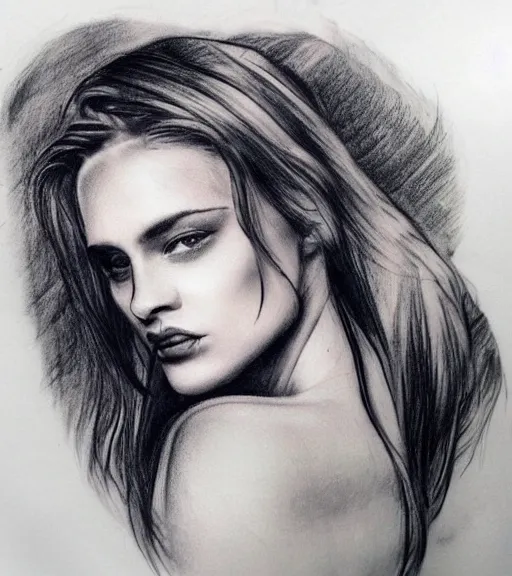 Image similar to tattoo design sketch of an extremely beautiful woman face with a faded background of beautiful mountains on her side, hyper - realistic, double exposure effect, in the style of matteo pasqualin, amazing detail, black and white, faded