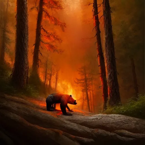 Prompt: fire bear in the forest, realistic, 8 k, extremely detailed, cgi, trending on artstation, hyper - realistic render, 4 k hd wallpaper, premium prints available, by greg rutkowski