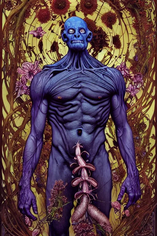 Image similar to the platonic ideal of flowers, rotting, insects, mushrooms and praying of cletus kasady ultimate carnage thanos dementor doctor manhattan chtulu nazgul davinci dalhi, detailed, intricate, hyperrealism, intense, scary, decay, dmt, art by brock hofer and artgerm and greg rutkowski and alphonse mucha