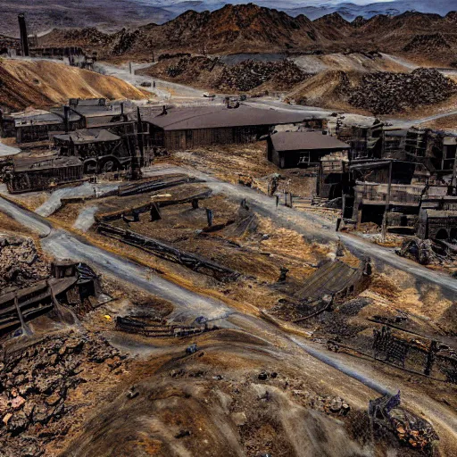 Prompt: Cinematic reverse aerial angle telephoto f2.8 iso 640 over the shoulder of a battle-worn survivor looking over a mid 1800s coal-mining town in the sweltering desert heat, crows in the sky. Photorealistic, award winning, ultra high resolution, intricate details, UHD 8K