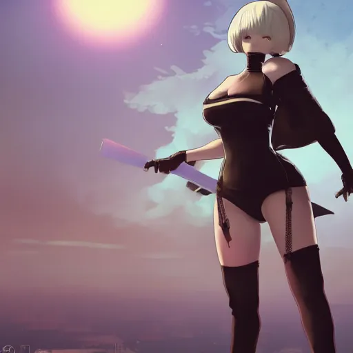 Image similar to illustration gta 5 artwork of 2 b nier automata, in the style of gta cover art, by stephen bliss, trending on artstation, pixiv, 8 k stephen bliss, unreal engine, greg rutkowski, rhads, beeple, ilya kuvshinov, rossdraws, tom bagshaw, alphonse mucha, global illumination, god rays, detailed and intricate environment