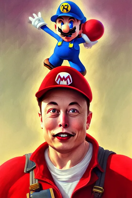 Image similar to elon musk as mario from the super mario bros, realistic portrait, symmetrical, highly detailed, digital painting, artstation, concept art, smooth, sharp focus, illustration, cinematic lighting, art by artgerm and greg rutkowski and alphonse mucha