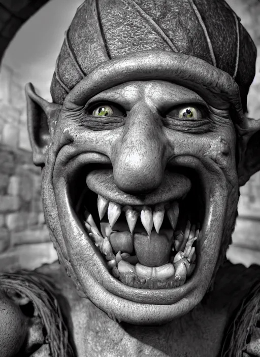 Prompt: closeup portrait of a grinning drunken medieval goblin in the cloisters, depth of field, zeiss lens, detailed, symmetrical, centered, fashion photoshoot, by annie leibovitz and steve mccurry, david lazar, jimmy nelsson, breathtaking, 8 k resolution, extremely detailed, beautiful, establishing shot, artistic, hyperrealistic, beautiful face, octane render