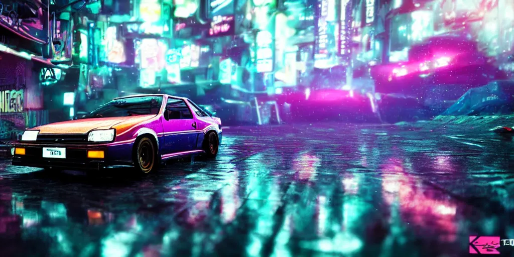 Image similar to toyota ae 8 4 sprinter trueno parked in a cyber punk alley, retrowave, synth colors, photo realistic, 8 k, rain, raytracing, reflections, neon colors,