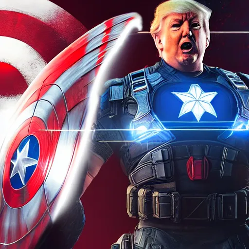 Image similar to portrait of donald trump as captain america in gears of war, splash art, maga, patriot, movie still, cinematic lighting, dramatic, glowing, ray tracing, octane render, long lens, shallow depth of field, bokeh, anamorphic lens flare, 8 k, hyper detailed, 3 5 mm film grain