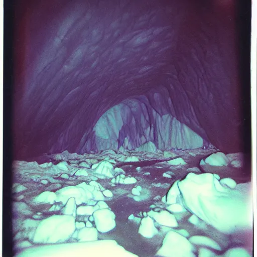 Image similar to a dark glacier cave wit a low ceiling, icicles, deep, dark, creepy, eerie, unsettling, terrifying, old polaroid, expired film, deep,