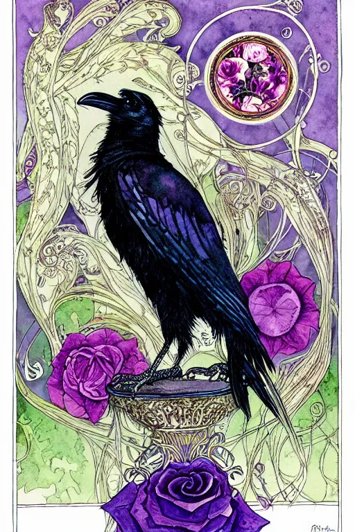 Image similar to single realistic raven in the center of an ornate purple rose frame, art by kay nielsen and walter crane, illustration style, watercolor