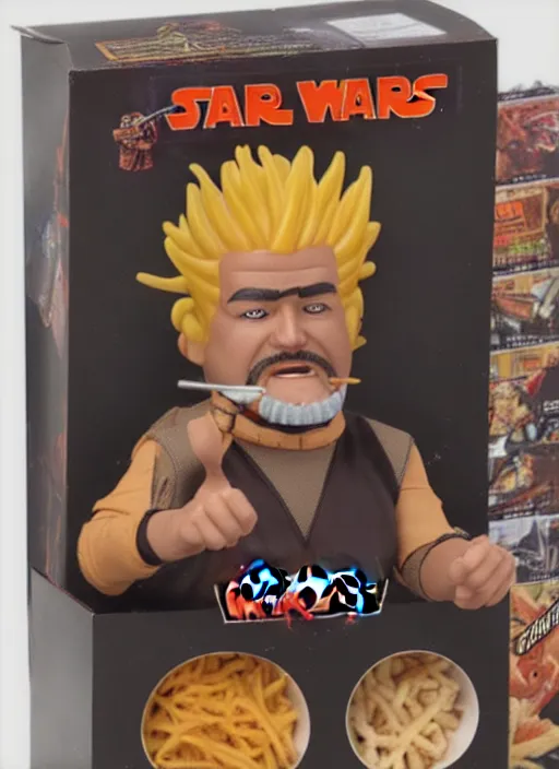 Image similar to star wars black series action figure of guy fieri with barfing chili cheese fries action, pristine box, toy still in package, ebay, extremely detailed