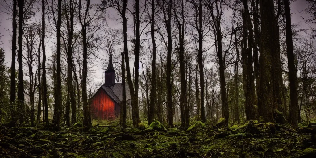 Image similar to a photo of a dream world, forest, river, skull, church, dark lighting