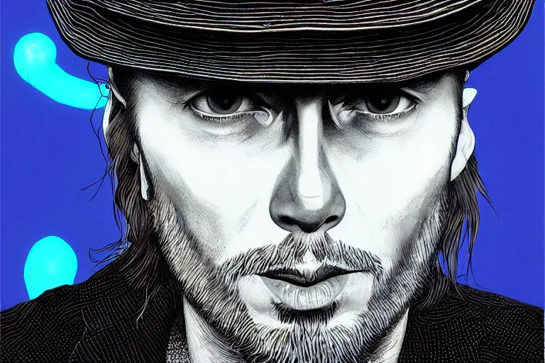 Prompt: A portrait of Thom Yorke as a cyberpunk wearing a bowler hat, iridescent highlights, background by Joe Fenton, highly detailed, intricate, soft, sci-fi, sharp focus, glowing lines, art by artgerm