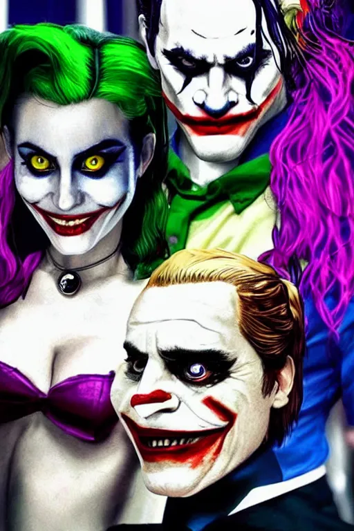 Image similar to joaquin phoenix as joker and lady gaga as harley quinn, remove duplicate content!!!!, delete duplicate content!!!, violet polsangi pop art, gta chinatown wars art style, bioshock infinite art style, incrinate, realistic anatomy, hyperrealistic, rgba color, white frame, content balance proportion