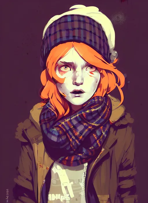 Image similar to highly detailed portrait of a sewer punk lady student, beanie, tartan scarf, curly blonde hair by atey ghailan, by greg rutkowski, by greg tocchini, by james gilleard, by joe fenton, by kaethe butcher, gradient, orange, black, brown and cream color scheme, grunge aesthetic!!! white graffiti tag wall background