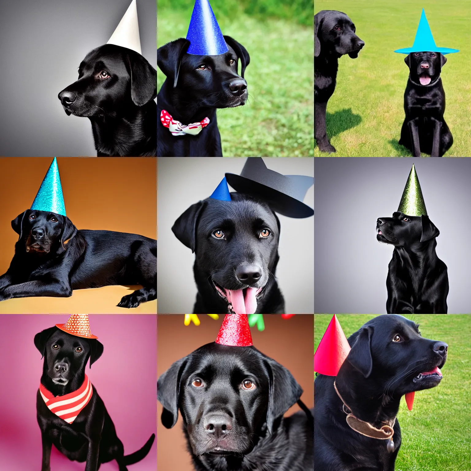 Prompt: Photograph of a black Labrador wearing a party hat