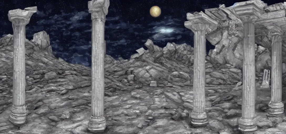 Prompt: The fall of the Silver Millennium from Sailor Moon, digital painting, Greek-esque columns and ruins on the moon