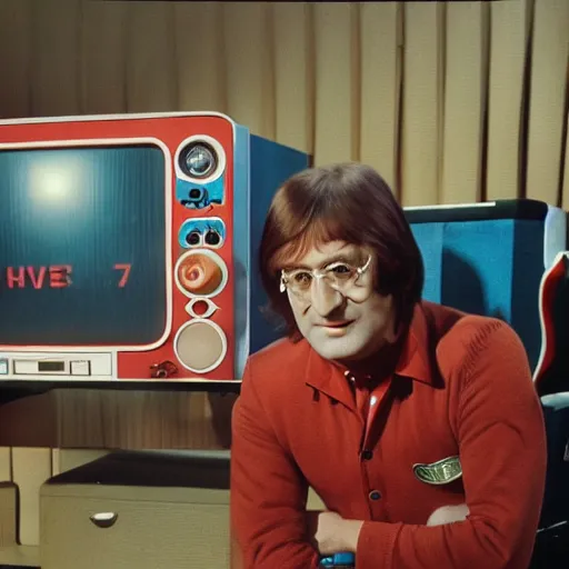 Image similar to on the full color tv set of captain kangaroo, 7 0 s color grade, guest starring john lennon