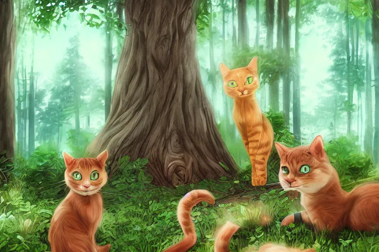 Prompt: cats in the forest, backlighting, digital art, trending on artstation, fanart, by wayne mclouglin, by kawacy