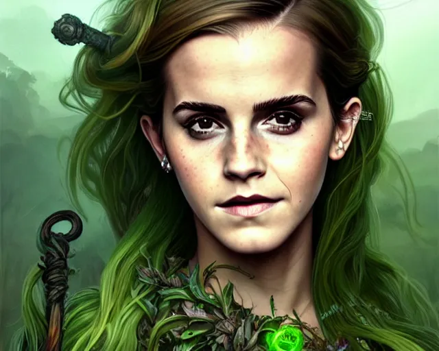 Image similar to portrait of emma watson as a swamp witch, green colored skin, green hair, holding a caduceus staff, messy hair, deep focus, d & d, fantasy, intricate, elegant, highly detailed, digital painting, artstation, concept art, matte, sharp, illustration, hearthstone, art by artgerm and greg rutkowski and alphonse mucha