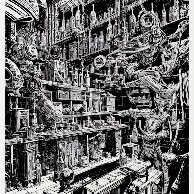 Image similar to ancient alchemist wizards laboratory, high details, lineart, by vincent di fate, inking, 3 color screen print, masterpiece, trending on artstation, etching, sharp, high contrast, hyper - detailed, hd, 4 k, 8 k