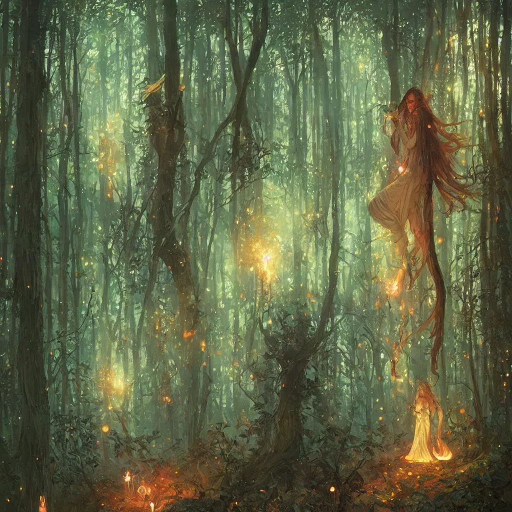 Image similar to forest, overdetailed art, by greg rutkowski, by alfons mucha, complementing colors, magic, colorful lights, fireflies, detailed illustration, wizard