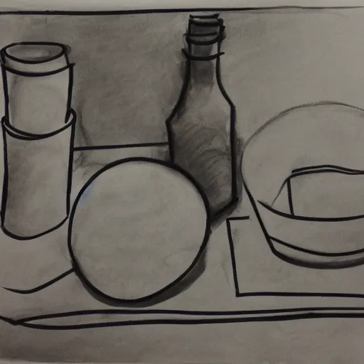 Prompt: continuous contour line drawing of a still life and art - class model, ink and paper