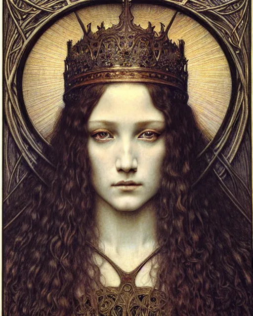 Image similar to detailed realistic beautiful young medieval queen face portrait by jean delville, gustave dore and marco mazzoni, art nouveau, symbolist, visionary, gothic, pre - raphaelite. horizontal symmetry