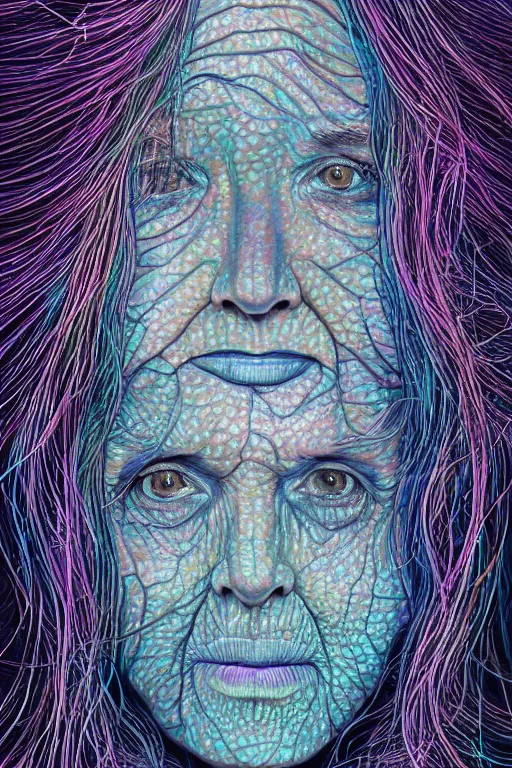 Image similar to dark underwater portrait of one bioluminescent old woman, with cracked reaction diffusion semi - transparent skin. multicolored fish scales, face closeup. long intricate dark hair. good face proportions. with many jellyfishes. very high detail, illustration, by alex grey and ilya kuvshinov