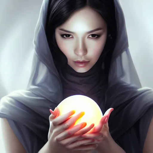 Prompt: A woman holding an orb, cover by Artgerm, high detail