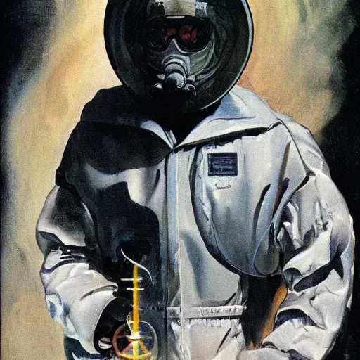 Prompt: portrait of a scientist in hazmat suit entering the prism dimension by frank frazetta