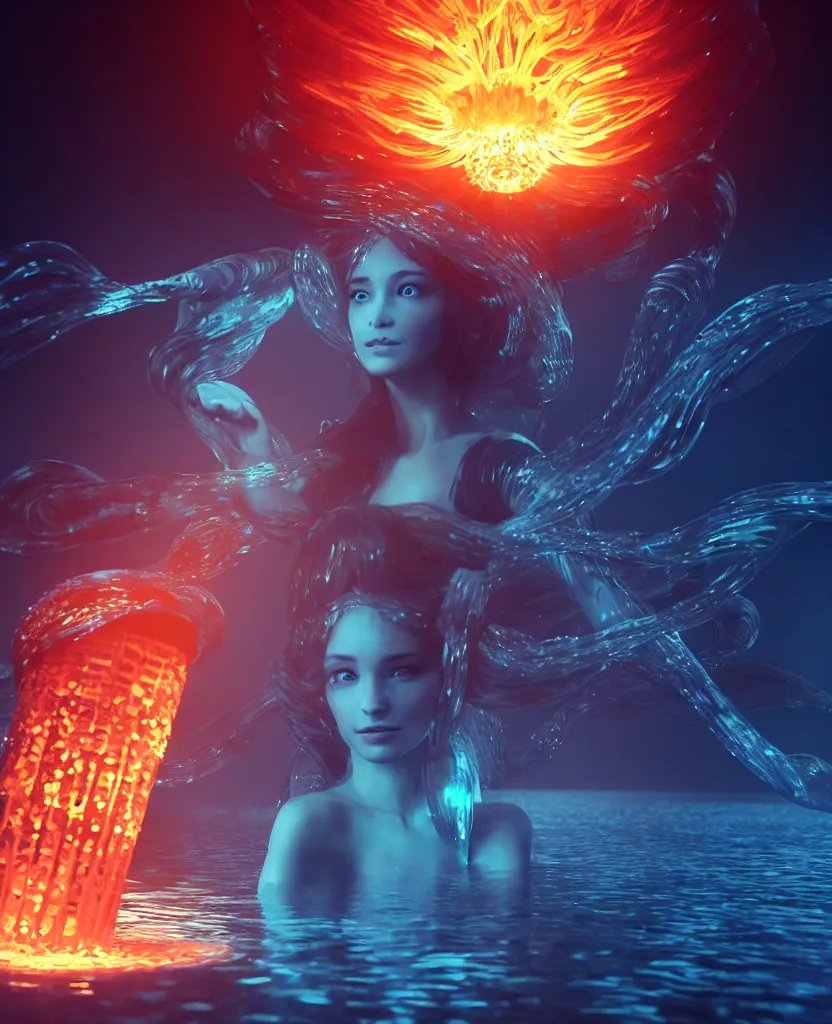 Prompt: close-up portrait of a beautiful princess floating in ethereum surrounded by floating jellyfish, energy flows of fire and water, flashes of plasma, 3d with depth of field, blurred background, a highly detailed epic cinematic concept art CG render. made in Maya, Blender and Photoshop, octane render, excellent composition, cinematic dystopian brutalist atmosphere, dynamic dramatic cinematic lighting, aesthetic, very inspirational, arthouse. y Greg Rutkowski, Ilya Kuvshinov, WLOP, Stanley Artgerm Lau, Ruan Jia and Fenghua Zhong