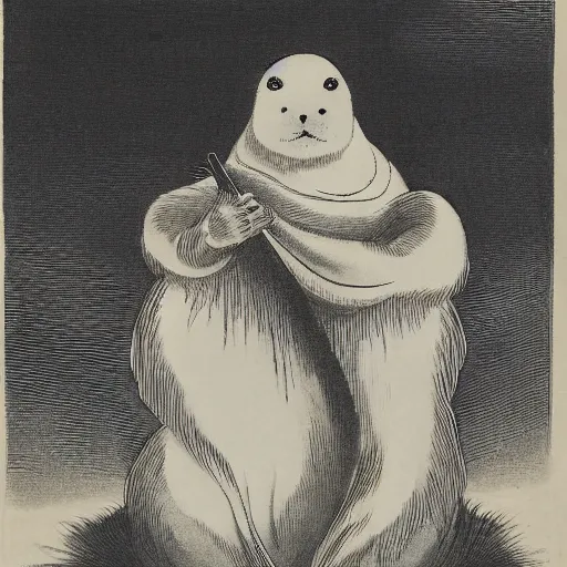 Prompt: a baby harp seal demon, radiating dark aura, Japanese ink drawing from 1850