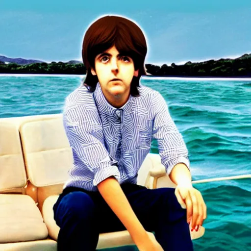 Image similar to s beautiful anime illustration of young Paul McCartney from the Beatles, wearing a blue and white check shirt and watch, relaxing on a yacht at sea, ufotable