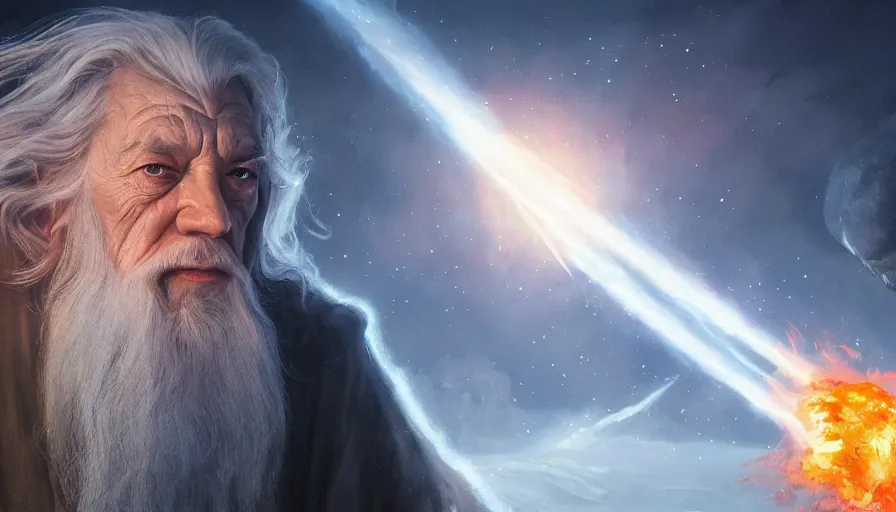 Prompt: a beautiful painting of gandalf watching a huge fireball destroy an alien world with dual suns, ray traced lighting by jean kalin popov and greg rutkowski