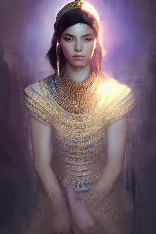 Image similar to egyptian princess, gorgeous, portrait, powerfull, intricate, elegant, volumetric lighting, digital painting, highly detailed, artstation, sharp focus, illustration, ruan jia