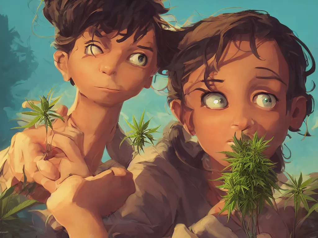 Image similar to cannabis! hemp! marijuana! kid face, behance hd by jesper ejsing, by rhads, makoto shinkai and lois van baarle, ilya kuvshinov, rossdraws global illumination, golden ratio, symmetrical beauty face